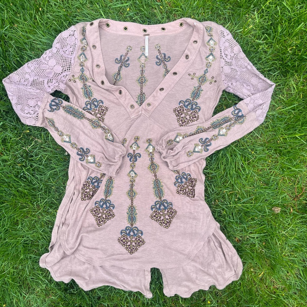 Free People Pink Embellished Ruffled Blouse